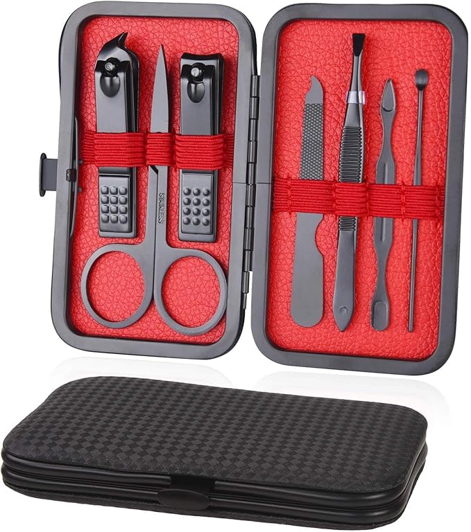 AOMIG Nail Clipper Set 7 pcs Manicure Pedicure Nail Care Kit with Luxurious Leather Case Fingernail Toenail Clippers Portable Stainless Steel Ear Pick Eyebrow Scissors Fingernail File Tweezer Kit - color: Black