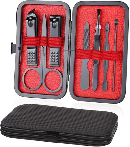 AOMIG Nail Clipper Set 7 pcs Manicure Pedicure Nail Care Kit with Luxurious Leather Case Fingernail Toenail Clippers Portable Stainless Steel Ear Pick Eyebrow Scissors Fingernail File Tweezer Kit - color: Black