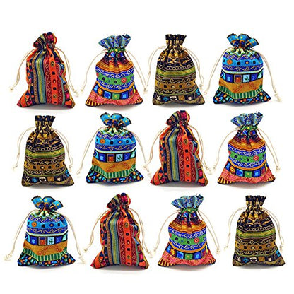 12pc Egyptian Style Jewelry Coin Pouches Aztec Print Drawstring Gift Bag | Party Accessories Brocade Cotton Sachet Candy Present Pouch Travel Purse Ethnic (12) - color: Egypt 12