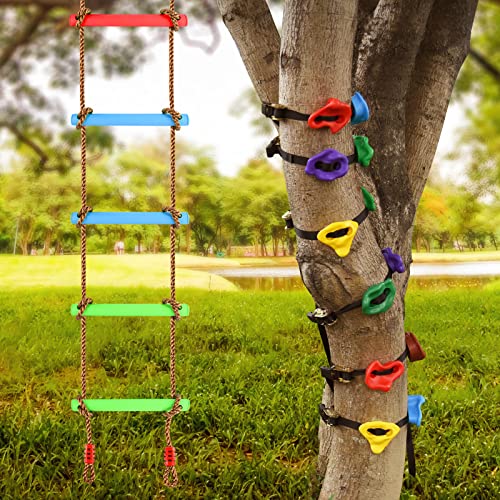 12 Ninja Tree Climbing Holds for Tree Climber, Tree Climbing Kit with 6.6FT Rope Ladder for Outdoor Ninja Warrior Obstacle Course Training - style: Rope Ladder+Tree Holds