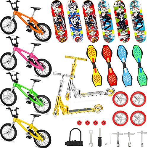 Skylety 31 Pieces Mini Finger Toys Set for Boy Girl Includes 6 Finger Skateboards, 4 Bikes, 2 Mini Scooters 4 Swing Board 8 Matched Wheels 7 Tool Accessories Educational Toy Party Favor(Cool) - style: Cool