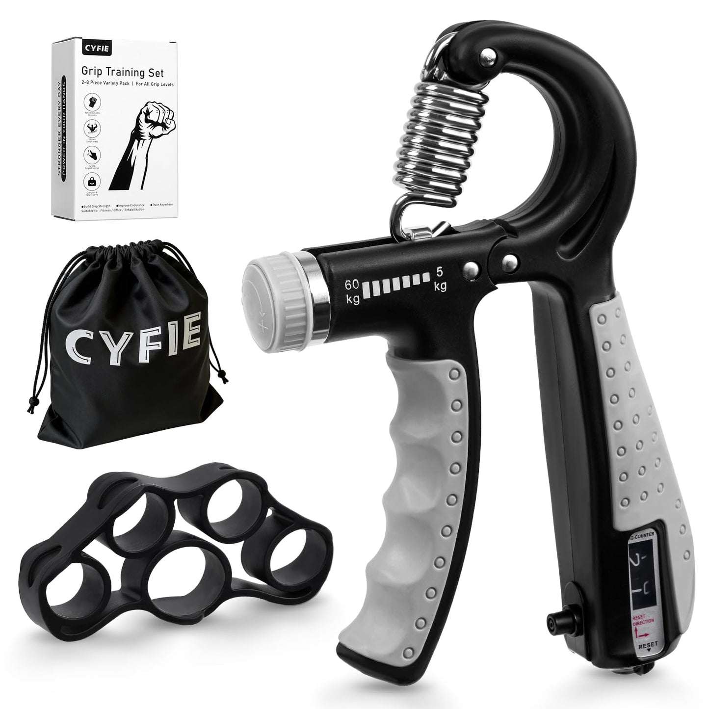 Grip Strength Trainer Kit Adjustable 10-132Lbs Hand Exerciser Counter | Forearm Strengthener, Finger Stretcher, Stress Ball and Bag for Grip Recovery, Wrist Training, Rehab, Climbers and Musicians - color: Black