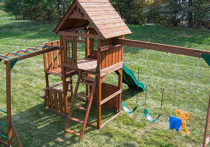 Swing-N-Slide Caribou Valley Wooden Swing Set with Wood Roof, Wave Slide, Monkey Bars, Climbing Wall, Ladder, Picnic Table, and Swings, Green Slide - size: Caribou Valley