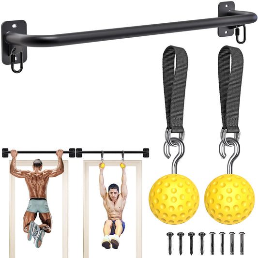 SELEWARE Heavy Duty Welded Pull Up Bar, Versatile Doorway Wall Mount, Joist Mounted, and Ceiling Mounted Chin Up Bars, Thick Metal Sturdy Construction for Full Body Workouts Support 500 lbs - color: A2: Black 36" Wall Mount Pull Up Bar+Yellow Balls