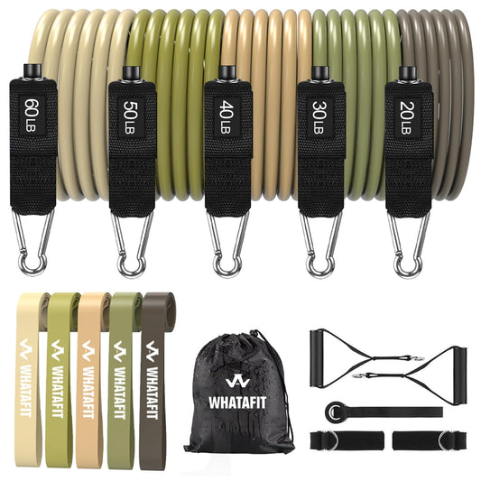 WHATAFIT Resistance Bands with Handles, 5-Level Exercise Bands for Workout | Natural latex,10-50 lbs, stackable to 150,Ankle Straps, Door Anchor,Guide. For Strength, Yoga,Home Gym,Travel & Workout. - color: Green 16PCS