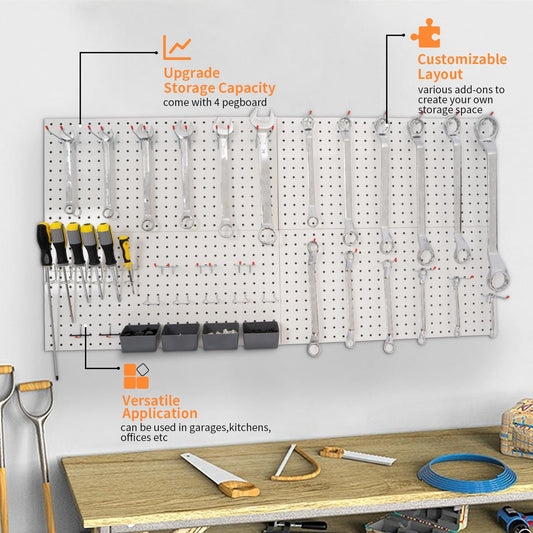 FRAYSCENT Peg Board for Wall 48x24 inch with 63 Pcs Hooks Accessories, Garage Storage Pegboard Wall Organizer, Metal Pegboard Panels with Hooks, Modular Mounted Control Peg Board Tool Organization - color: White(63-accessory)