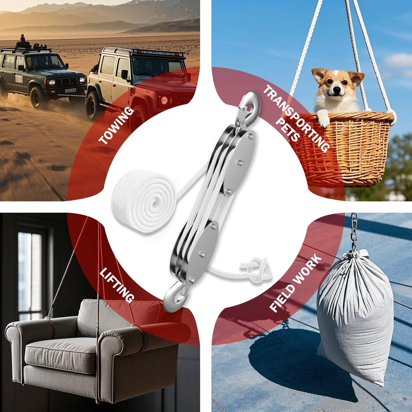 YATOINTO 1 Ton Rope Hoist Pulley System, Heavy Duty Block and Tackle(White) | 50FT Polypropylene Fibers Rope, 6:1 Lifting Power, Metal Bearing Design, Rust-proof Zinc-plated Housing w/Alloy Steel Hook - size: White-3 Pulley(metal bearing）