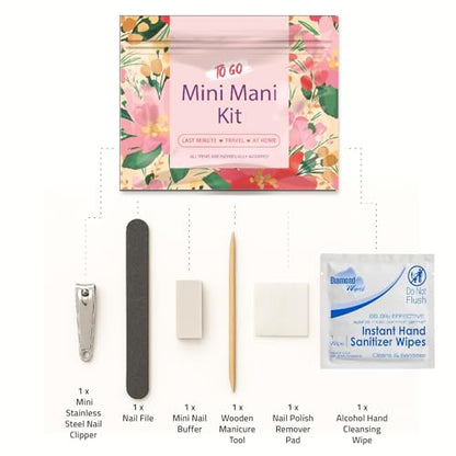Mini Mani Kit – Disposable Manicure Set with Nail Clipper, File, Buffer, Cuticle Stick & Polish Remover Pad – Compact One-Time Use Nail Care Kit for Travel, Purse, Desk, or Car (Pink) - color: Pink
