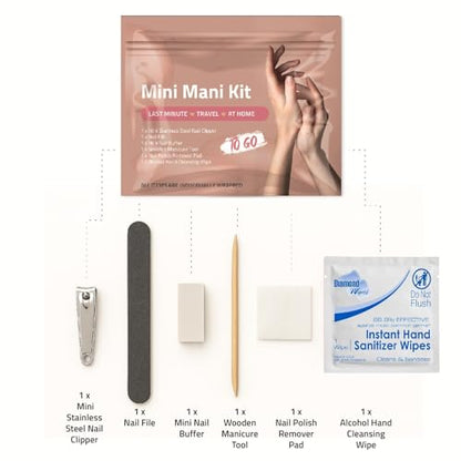 Mini Mani Kit – Disposable Manicure Set with Nail Clipper, File, Buffer, Cuticle Stick & Polish Remover Pad – Compact One-Time Use Nail Care Kit for Travel, Purse, Desk, or Car (Peach) - color: Peach