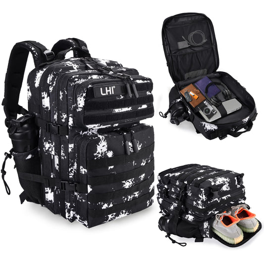 LHI Military Tactical Backpack for Men and Women 45L Army 3 Days Assault Pack Bag Large Rucksack with Shoe Compartment - color: 1.5 Black Lightning